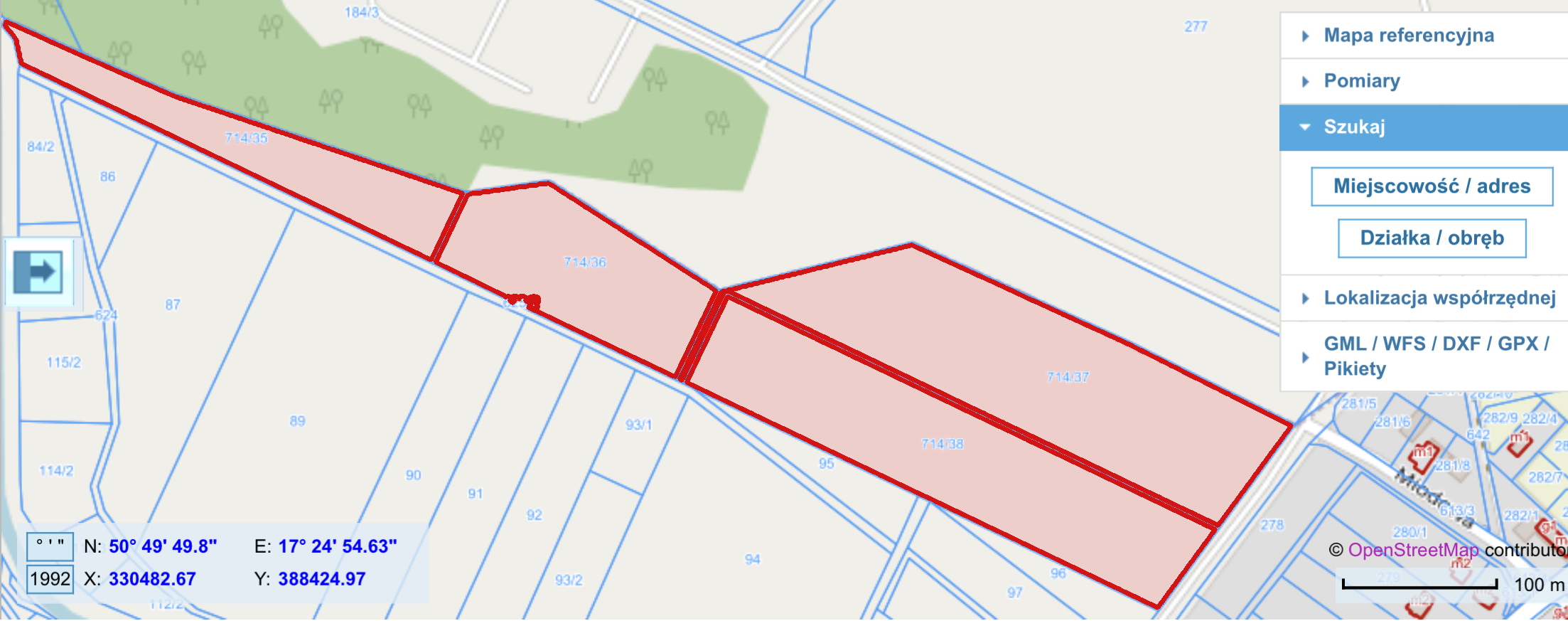 Mapa ewidencyjna z zaznaczonym kompleksem działek 714/35, 714/36, 714/37 i 714/38 w Pępicach
